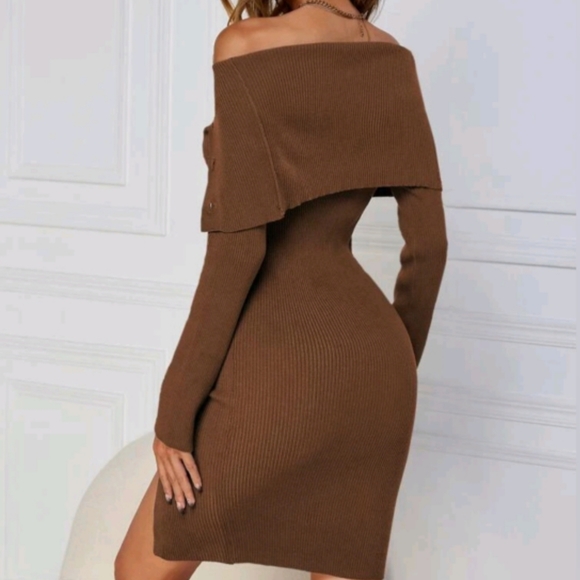 Brown Off Shoulder Long Sleeve Dress  NWOT - Picture 6 of 7